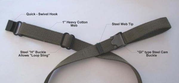 Durable 1" wide cotton sling in OD green. 